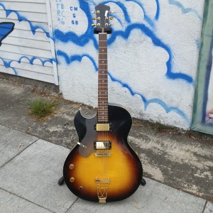 Typical crazy Subway thang made for Joseph Modeliste (Ziggy) 1960 coral Vinnie Belle body like Epiphone Heward Roberts. when joe wanted a lefty we turned it over 