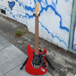 Red stratford baritone with emg pickups battery powered 